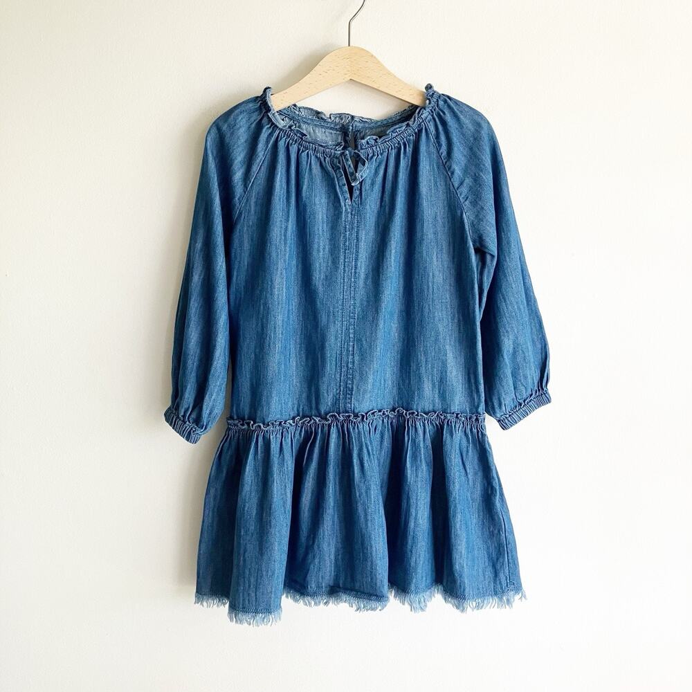 Gap Kids Chambray Dress Girls Size XS Long Sleeve Blue Raw Edge Peasant Cotton